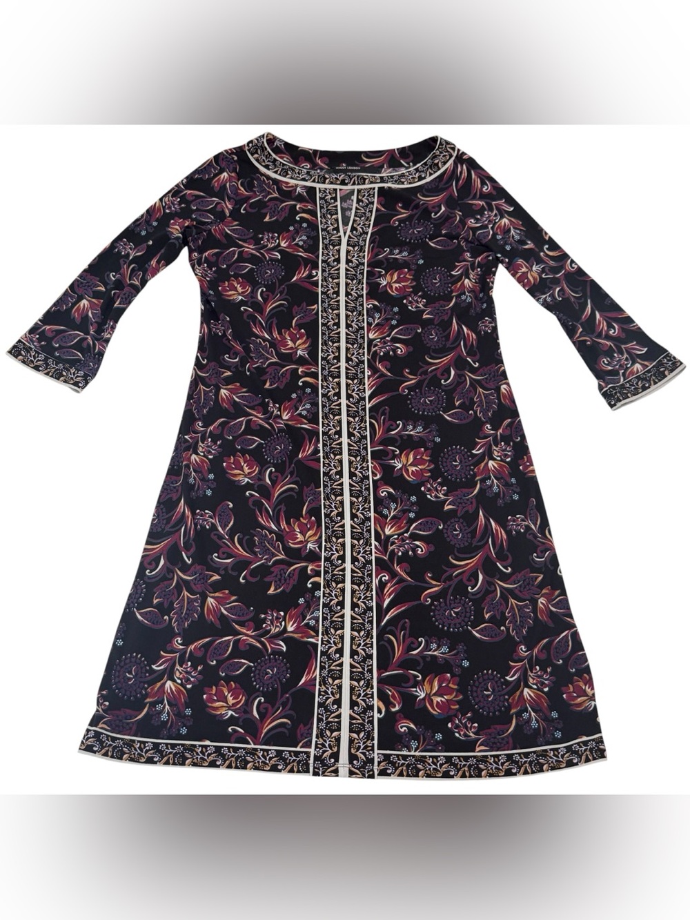 Maggy London Knit Stretch Shirt A-Line Dress‎ Black Floral Size 4 Womens